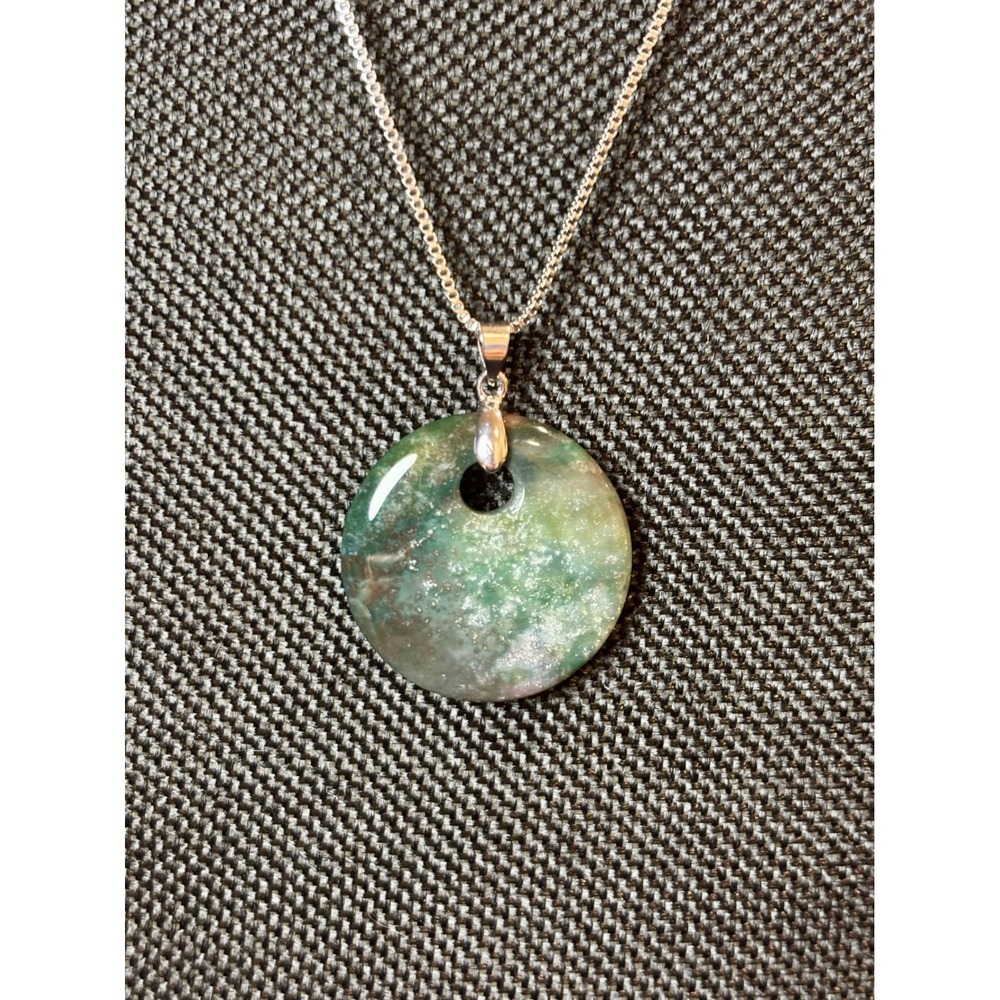 Moss Agate Donut Pendant Necklace Stainless Steel Box Chain Green Stone Jewelry